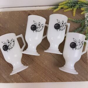 Milk glass Irish Coffee Cup bowling motif Mid century